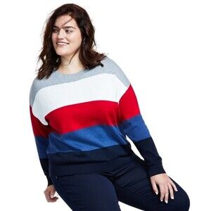 Tommy Hilfiger Women's  Plus Size Sweater Striped Bubble Scarlet Multicolor 2X